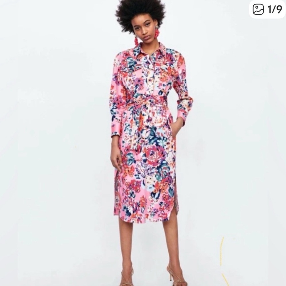 Zara Floral Pink Midi Dress with pockets